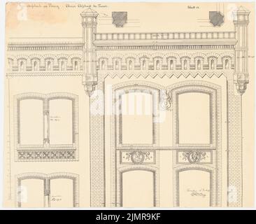 Lüdecke Carl Johann Bogislaw (1826-1894), école de commerce de Brieg (28.12.1871) : section supérieure subdéchirable de la façade, barre d'échelle (pied). Légère pression sur le papier, 60,4 x 73,7 cm (y compris les bords de numérisation) Lüdecke Carl Johann Bogislaw (1826-1894): Gewerbeschule, Brieg Banque D'Images