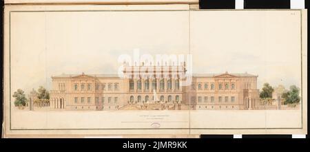 Busse Konrad (1835-1888), club House à Berlin. Concours Schinkel 1864 (1864): Vue de face supérieure vue sur le jardin, à l'est); barre d'échelle. Tuche aquarelle sur la boîte, 59,8 x 133,8 cm (y compris les bords de balayage) Busse Konrad (1835-1888): Vereinshaus, Berlin. Schinkelwettbewerb 1864 Banque D'Images