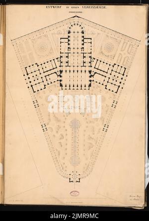 Busse Konrad (1835-1888), club House à Berlin. Concours Schinkel 1864 (1864): Plan d'étage rez-de-chaussée; bar à échelle. Encre sur carton, 89,1 x 63 cm (y compris les bords de numérisation) Busse Konrad (1835-1888): Vereinshaus, Berlin. Schinkelwettbewerb 1864 Banque D'Images