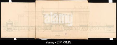 Busse Konrad (1835-1888), club House, Berlin. Concours Schinkel 1864: Vue latérale supérieure (depuis Oranienstraße); barre d'échelle. Encre sur carton, 61,10 x 184,50 cm (bord de numérisation inclus). Musée de l'architecture de l'Université technique de Berlin Inv. SW-A 1864-05. Busse Konrad (1835-1888): Vereinshaus, Berlin. Schinkelwettbewerb 1864 Banque D'Images