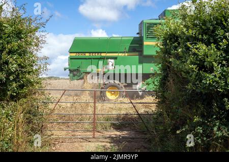 Une moissonneuse-batteuse John Deere 1177 travaillant sur les champs à Stoke Climsland, Cornwall. L'une des rares moissonneuses-batteuses appartenant à la ferme (non-entrepreneur) a quitté... Banque D'Images