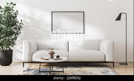 Maquette de cadre dans l'intérieur du salon avec mur blanc et mobilier, rendu 3D Banque D'Images