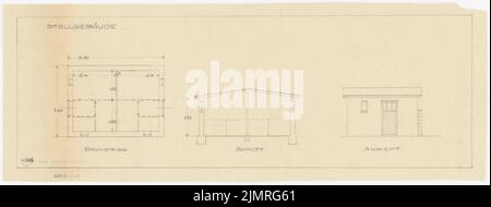 Jansen Hermann (1869-1945), maisons modèles pour petits établissements (1919): Plan d'étage stable, coupé, vue. Crayon sur transparent, 18,3 x 48,2 cm (y compris les bords de balayage) Jansen Hermann (1869-1945): Musterhäuser für Kleinsiedlungen Banque D'Images