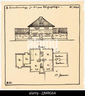 Jansen Hermann (1869-1945), maisons modèles pour les petits établissements (1921): Maison à deux familles vue de face et plan d'étage 1: 100. Encre sur transparent, 34,6 x 32,6 cm (y compris les bords de balayage) Jansen Hermann (1869-1945): Musterhäuser für Kleinsiedlungen Banque D'Images