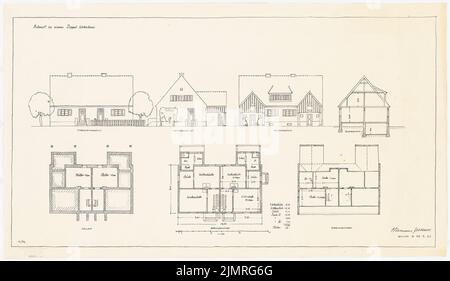 Jansen Hermann (1869-1945), maisons modèles pour petits établissements (26 mars 1921): Doppelwohnhaus vue avant, vue arrière et vue latérale, vue transversale, plans d'étage du sous-sol, rez-de-chaussée et grenier 1: 100. Encre sur transparent, 45,3 x 78,2 cm (y compris les bords de balayage) Jansen Hermann (1869-1945): Musterhäuser für Kleinsiedlungen Banque D'Images