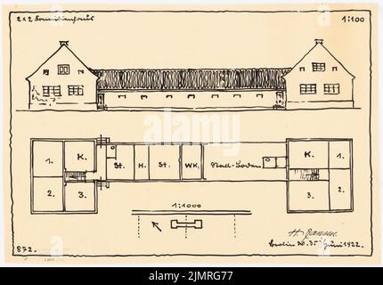 Jansen Hermann (1869-1945), maisons modèles pour petits établissements (1 juin 1922): 2 x 2 maison familiale vue de face et plans d'étage 1: 100, 1 détail 1: 1000. Encre sur transparent, 34,9 x 49,9 cm (y compris les bords de balayage) Jansen Hermann (1869-1945): Musterhäuser für Kleinsiedlungen Banque D'Images