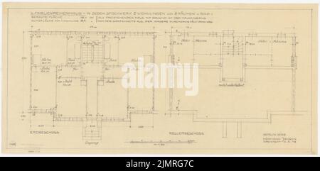 Jansen Hermann (1869-1945), maisons modèles pour petits établissements (03.03.1919): 4 maisons familiales avec 2 plans d'étage du sous-sol et du rez-de-chaussée 1:50. Crayon sur transparent, 33,2 x 67,6 cm (y compris les bords de balayage) Jansen Hermann (1869-1945): Musterhäuser für Kleinsiedlungen Banque D'Images