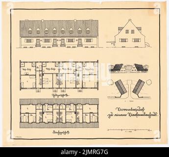 Jansen Hermann (1869-1945), maisons modèles pour petits établissements (1922) : vue sur Vierfamilienhaus Vorder, vue latérale, plan d'étage du rez-de-chaussée et grenier 1: 100, vue et vue perspective (spectacle d'oiseaux). Encre sur transparent, 53,7 x 61,6 cm (y compris les bords de balayage) Jansen Hermann (1869-1945): Musterhäuser für Kleinsiedlungen Banque D'Images