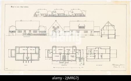 Jansen Hermann (1869-1945), maisons modèles pour petits établissements (26 mars 1921): Doppelwohnhaus vue avant, vue arrière et vue latérale, vue transversale, plans d'étage du sous-sol, rez-de-chaussée et grenier 1: 100. Encre sur transparent, 45,2 x 79,3 cm (y compris les bords de balayage) Jansen Hermann (1869-1945): Musterhäuser für Kleinsiedlungen Banque D'Images