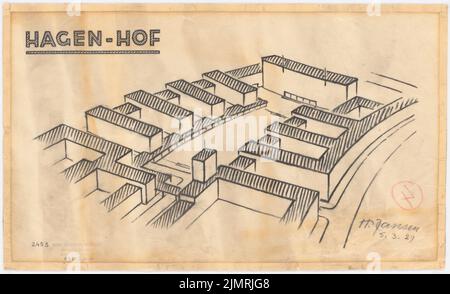 Jansen Hermann (1869-1945), Hagen-Hof (05.03.1929) : vue en perspective (spectacle d'oiseaux), masse des arbres. Crayon sur transparent, 26,9 x 44,3 cm (y compris les bords de balayage) Jansen Hermann (1869-1945): Hagen-Hof Banque D'Images