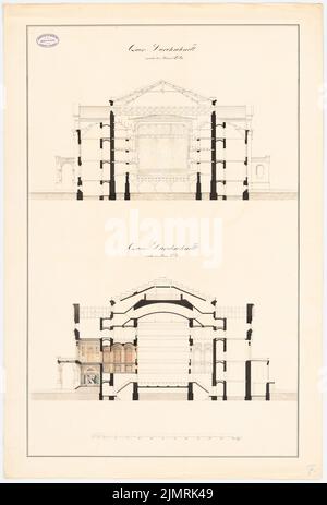 WANSTRAT A., Hoftheater à Braunschweig (1858) : 2 sections transversales. Tuche aquarelle sur papier, 97,3 x 65,8 cm (y compris les bords de balayage) Wanstrat A. : Hoftheater, Braunschweig Banque D'Images