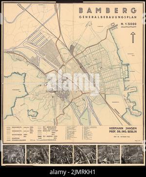 Jansen Hermann (1869-1945), plan de développement de Bamberg (30 octobre 1932) : plan de zone et de circulation 1 : 5000. Crayon de couleur sur pression sur papier, collé sur photos, 154,7 x 135,8 cm (y compris les bords de numérisation) Jansen Hermann (1869-1945): Bebauungsplan Bamberg Banque D'Images