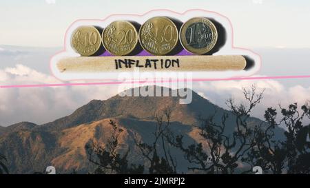 Vue sur le pic de la montagne et la pièce de monnaie en euros avec le mot inflation. Concept d'inflation Banque D'Images