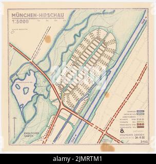 Jansen Hermann (1869-1945), Plan de construction Munich-Hirschau (26 septembre 1932): Variante 8: Département 1: 5000. Crayon de couleur sur une rupture de papier, 35,3 x 35,7 cm (y compris les bords de balayage) Jansen Hermann (1869-1945): Bebauungsplan München-Hirschau Banque D'Images