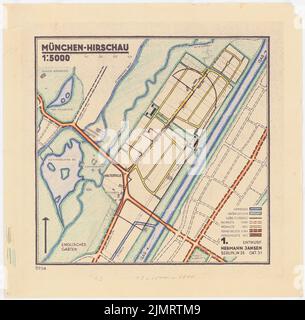 Jansen Hermann (1869-1945), Plan de construction Munich-Hirschau (10,1931): Plan de transport et de zone 1: 5000. Crayon de couleur sur une rupture de papier, 41,3 x 42 cm (y compris les bords de balayage) Jansen Hermann (1869-1945): Bebauungsplan München-Hirschau Banque D'Images