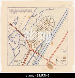 Jansen Hermann (1869-1945), Plan de construction Munich-Hirschau (12.05.1932) : variante 7 A : Département 1 : 5000. Crayon de couleur sur une rupture de papier, 39,1 x 39,7 cm (y compris les bords de balayage) Jansen Hermann (1869-1945): Bebauungsplan München-Hirschau Banque D'Images