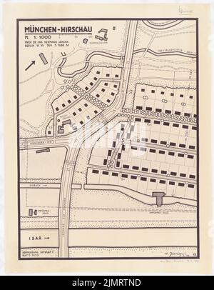 Jansen Hermann (1869-1945), Plan de construction Munich-Hirschau (09.02.1933): Variante pour 11: Plan de base, plan de site 1: 1000. Rupture légère sur papier, 85,2 x 66,2 cm (y compris les bords de balayage) Jansen Hermann (1869-1945): Bebauungsplan München-Hirschau Banque D'Images