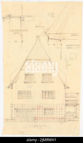 Blunck Erich (1872-1950), Landhaus Pallat à Stolpe, Berlin-Wannsee (1905-1905): Rising: Back View 1:50; Détails 1:10 depuis le toit. Crayon et crayon de couleur sur transparent, 53,4 x 32,4 cm (y compris les bords de balayage) Blunck Erich (1872-1950): Landhaus Pallat à Stolpe, Berlin-Wannsee Banque D'Images