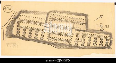 Jansen Hermann (1869-1945), Plan de construction Munich-Hirschau (01.12.1932): Variante 11a: Plan de base 1: 1000, plan du site. Charbon sur transparent, 74,9 x 151,2 cm (y compris les bords de balayage) Jansen Hermann (1869-1945): Bebauungsplan München-Hirschau Banque D'Images