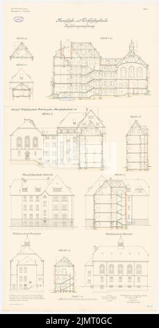 Breisig, officiers non commissionnés, Sigmaringen. Bâtiments d'équipe et de ferme (9 octobre 1911): Coupes transversales, section longitudinale, vue en S de l'édifice d'équipe, vue en S, N, W de l'édifice de ferme 1: 100. Lithographie colorée sur carton, 141,2 x 71,8 cm (y compris les bords de balayage) Breisig : Unteroffiziers-Vorschule, Sigmaringen. Handel- und Ausführung von Dienstleistungen Banque D'Images