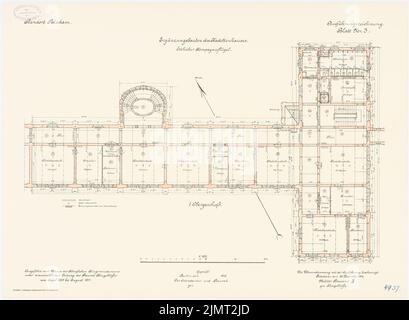Architecte inconnu, Kadettenhaus de la garnison Potsdam. Bâtiments supplémentaires (30 décembre 1914): Aile est de l'entreprise: Plan d'étage 1st étage 1: 100. Lithographie colorée sur la boîte, 50,4 x 68,7 cm (y compris les bords de balayage) N.N. : Kadettenhaus der Garnison Potsdam. Ergänzungsbauten Banque D'Images