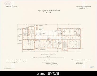 Architecte inconnu, Kadettenhaus de la garnison Potsdam. Bâtiments supplémentaires (30 janvier 1909): Lazarett: Plan d'étage étage étage étage 1: 100. Lithographie colorée sur le carton, 50,3 x 68,7 cm (y compris les bords de numérisation) N.N. : Kadettenhaus der Garnison Potsdam. Ergänzungsbauten Banque D'Images