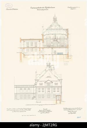 Architecte inconnu, Kadettenhaus de la garnison Potsdam. Bâtiments supplémentaires (09.09.1914): Bâtiment agricole: Vue Ost, section transversale 1: 100. Lithographie colorée sur papier, 71,4 x 51,2 cm (y compris les bords de numérisation) N.N. : Kadettenhaus der Garnison Potsdam. Ergänzungsbauten Banque D'Images