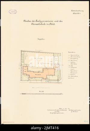 Architecte inconnu, Realgasis et Oberrealschule à Tilsit (06,1913): Département 1: 500. Lithographie colorée sur le carton, 70,9 x 50,9 cm (y compris les bords de numérisation) N.N. : Salle de sport et Oberrealschule, Tilsit Banque D'Images