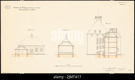 Architecte inconnu, Realgasis et Oberrealschule à Tilsit (06,1913): Sections croisées 1: 100. Lithographie colorée sur la boîte, 60,8 x 111 cm (y compris les bords de balayage) N.N. : Salle de sport et Oberrealschule, Tilsit Banque D'Images