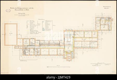 Architecte inconnu, Realgasis et Oberrealschule à Tilsit (06,1913): Grundriss Keller 1: 100. Lithographie colorée sur la boîte, 70,9 x 110,8 cm (y compris les bords de balayage) N.N. : Salle de sport et Oberrealschule, Tilsit Banque D'Images