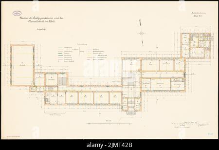 Architecte inconnu, école secondaire et lycée à Tilsit (06,1913): Plan d'étage rez-de-chaussée 1: 100. Lithographie colorée sur le carton, 71 x 110,9 cm (y compris les bords de numérisation) N.N. : Salle de sport et Oberrealschule, Tilsit Banque D'Images