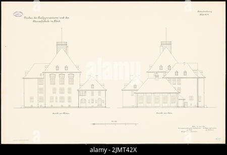 Architecte inconnu, Realgasis et Oberrealschule à Tilsit (06,1913): Vue de l'est supérieur, vue de l'ouest 1: 100. Lithographie sur carton, 71,1 x 110,9 cm (y compris les bords de balayage) N.N. : Salle de sport et Oberrealschule, Tilsit Banque D'Images