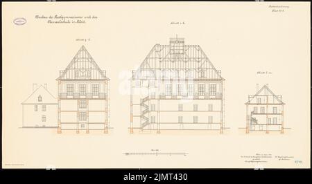 Architecte inconnu, Realgasis et Oberrealschule à Tilsit (06,1913): Sections croisées 1: 100. Lithographie colorée sur la boîte, 60,8 x 111,1 cm (y compris les bords de balayage) N.N. : Salle de sport et Oberrealschule, Tilsit Banque D'Images