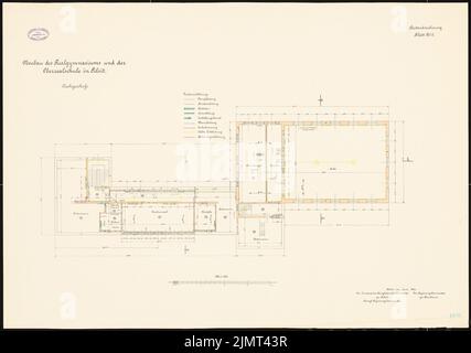 Architecte inconnu, Realgasis et Oberrealschule à Tilsit (06,1913): Plan d'étage dernier étage 1: 100. Lithographie colorée sur la boîte, 71,1 x 101,2 cm (y compris les bords de balayage) N.N. : Salle de sport et Oberrealschule, Tilsit Banque D'Images