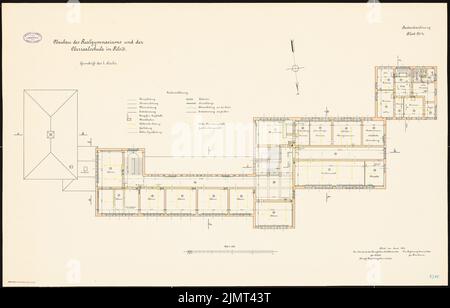 Architecte inconnu, Realgasis et Oberrealschule à Tilsit (06,1913): Plan d'étage 1st étage 1: 100. Lithographie colorée sur la boîte, 71 x 111 cm (y compris les bords de balayage) N.N. : Salle de sport et Oberrealschule, Tilsit Banque D'Images