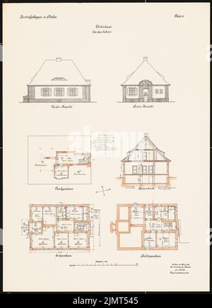 Architecte inconnu, prison centrale, Mühlenweg, STUHM. Maison pour l'enseignant (1917): Grundriss KG, EG, OG, DG, vues et moyenne 1: 100. Encre colorée, aquarelle, par lithographie sur carton, 71,1 x 51,2 cm (y compris les bords de numérisation) N.N. : Zentralgefängnis, Mühlenweg, STUHM. Wohnhaus für den Lehrer Banque D'Images