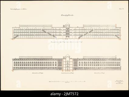 Architecte inconnu, prison centrale, Mühlenweg, STUHM. Bâtiment principal (1917) : section longitudinale et section transversale 1 : 150. Lithographie aquarelle sur la boîte, 71,2 x 100,9 cm (y compris les bords de numérisation) N.N. : Zentralgefängnis, Mühlenweg, STUHM. Hauptgebäude Banque D'Images