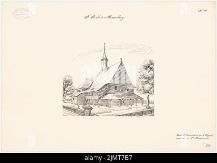 Wiggert Ernst, Holzkirche St. Rochus à Rosenberg (depuis : la Holzkirchen et les tours en bois des provinces de l'est prussien) (sans dat.): Vue de perspective. Encre sur carton, 36,3 x 51,6 cm (y compris les bords de balayage) Wiggert Ernst : Holzkirche St. Rochus, Rosenberg. (AUS: Die Holzkirchen und Holztürme der preußischen Ostprovincizen) Banque D'Images