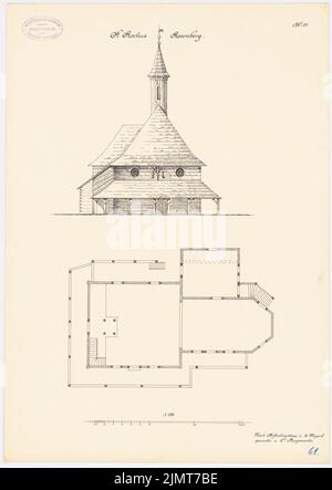 Wiggert Ernst, Holzkirche St. Rochus in Rosenberg (depuis : la Holzkirchen et les tours en bois des provinces de l'est prussien) (sans dat.): Vue et plan d'étage 1: 100. Encre sur carton, 51,9 x 36,8 cm (y compris les bords de balayage) Wiggert Ernst : Holzkirche St. Rochus, Rosenberg. (AUS: Die Holzkirchen und Holztürme der preußischen Ostprovincizen) Banque D'Images