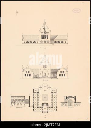 Wille Wilhelm (1877-1929), salle à boire (1896-1896): Plan d'étage 1: 400, 2 vues 1: 200, 2 coupes 1: 200. Encre sur carton, 66 x 49,2 cm (y compris les bords de numérisation) feuille Wilhelm (1877-1929): Trinkhalle Banque D'Images