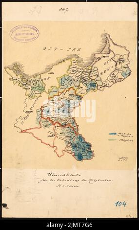 Wiggert Ernst, carte d'ensemble pour la diffusion des églises en bois en Allemagne de l'est (de: La Holzkirchen et les tours en bois des provinces de l'est prussien) (sans date): Carte 1: 3 500 000th aquarelle d'encre sur transparent, 33,4 x 21,1 cm (incl . Scan edges) Wiggert Ernst : Übersichtskarte für die Verbreitung der Holzkirchen in Ostdeutschland. (AUS: Die Holzkirchen und Holztürme der preußischen Ostprovincizen) Banque D'Images