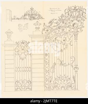 Architecte inconnu, porte en fer forgé dans le jardin du château de Karlsruhe. Croix de Schmiedeeiserne à Unkel (27 octobre 1907): Schlossgarten: Schmiedeisernes Tor 1:10. Croix de la tombe du forgeron. Coupure légère sur le papier, 62,1 x 55,8 cm (y compris les bords de numérisation) N. : Schmiedeeisernes Tor im Schlossgarten Karlsruhe. Schmiedeeisernes Grabkreuz, Unkel Banque D'Images