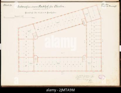 Plock Carl (né en 1851), entrepôts et Packhof pour Berlin. Concours Schinkel 1880 (1880): Packhof: Plan d'étage 1 (jusqu'à 4) étage supérieur 1: 200; barre d'échelle. Tuche aquarelle sur la boîte, 47,4 x 65,5 cm (y compris les bords de numérisation) Plock Carl (geb. 1851): Lagerhäuser und Packhof, Berlin. Schinkelwettbewerb 1880 Banque D'Images