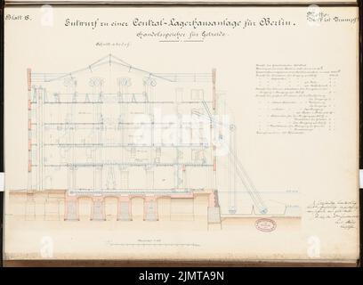 Plock Carl (né en 1851), entrepôts et Packhof pour Berlin. Concours Schinkel 1880 (1880): Entrepôt (grain): Section transversale 1: 100; échelle, légende. Tuche aquarelle sur la boîte, 48,3 x 65,7 cm (y compris les bords de numérisation) Plock Carl (geb. 1851): Lagerhäuser und Packhof, Berlin. Schinkelwettbewerb 1880 Banque D'Images