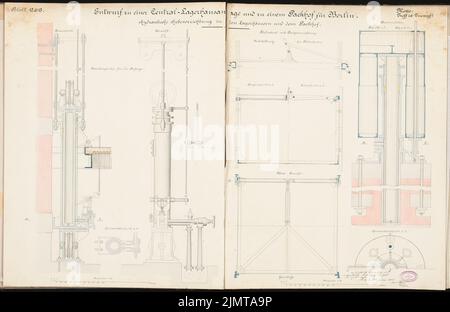 Plock Carl (né en 1851), entrepôts et Packhof pour Berlin. Concours Schinkel 1880 (1880): Dispositif de levage hydraulique dans les entrepôts en plan d'étage, vue, coupe 1:10; barre d'échelle. Tuche aquarelle sur la boîte, 62,7 x 96,6 cm (y compris les bords de numérisation) Plock Carl (geb. 1851): Lagerhäuser und Packhof, Berlin. Schinkelwettbewerb 1880 Banque D'Images