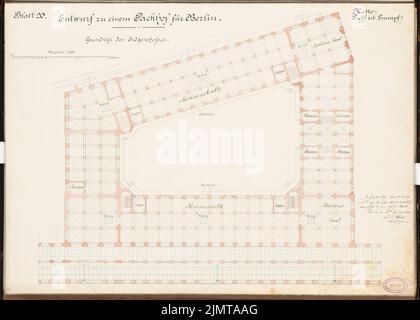 Plock Carl (né en 1851), entrepôts et Packhof pour Berlin. Concours Schinkel 1880 (1880): Packhof: Plan d'étage rez-de-chaussée 1: 200; barre d'échelle. Tuche aquarelle sur la boîte, 46,7 x 65,4 cm (y compris les bords de numérisation) Plock Carl (geb. 1851): Lagerhäuser und Packhof, Berlin. Schinkelwettbewerb 1880 Banque D'Images