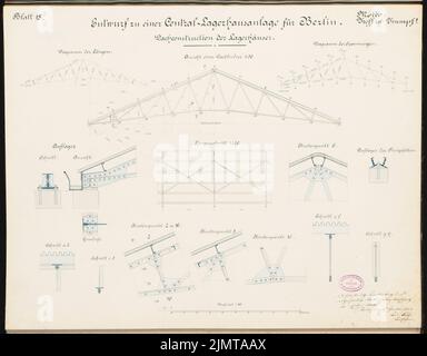 Plock Carl (né en 1851), entrepôts et Packhof pour Berlin. Concours Schinkel 1880 (1880): Toit des entrepôts: Détails 1:50; balance bar. Tuche aquarelle sur la boîte, 48,8 x 62,5 cm (y compris les bords de numérisation) Plock Carl (geb. 1851): Lagerhäuser und Packhof, Berlin. Schinkelwettbewerb 1880 Banque D'Images