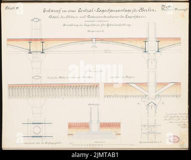 Plock Carl (né en 1851), entrepôts et Packhof pour Berlin. Concours Schinkel 1880 (1880): Toit des entrepôts: Coupes 1:10; balance bar. Tuche aquarelle sur la boîte, 49 x 62,4 cm (y compris les bords de numérisation) Plock Carl (geb. 1851): Lagerhäuser und Packhof, Berlin. Schinkelwettbewerb 1880 Banque D'Images