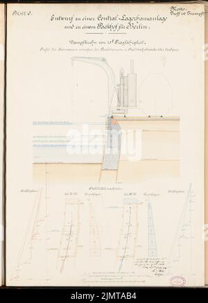 Plock Carl (né en 1851), entrepôts et Packhof pour Berlin. Concours Schinkel 1880 (1880): Grue à vapeur: Coupe, schéma de conception 1:50; 2 bandes d'échelle. Tuche aquarelle sur la boîte, 65,7 x 47,3 cm (y compris les bords de numérisation) Plock Carl (geb. 1851): Lagerhäuser und Packhof, Berlin. Schinkelwettbewerb 1880 Banque D'Images