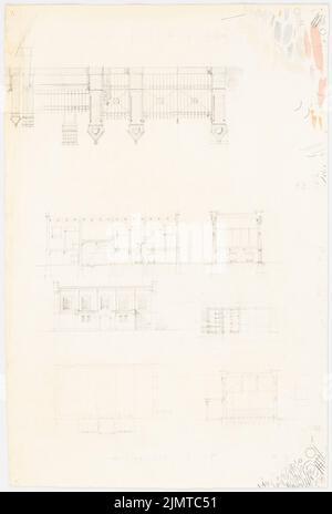 Baltzer Johannes (1862-1940), école. Bâtiment et enceinte de toilettes (1889): Plan d'étage rez-de-chaussée (deux fois), déchirant le côté d'entrée, section longitudinale, coupe transversale, détail de l'enceinte: Vue piliers et grille de mur, calcul. Crayon sur carton, 51,8 x 35 cm (y compris les bords de balayage) Baltzer Johannes (1862-1940): Schule. Betrieb eines Einfriedung Banque D'Images